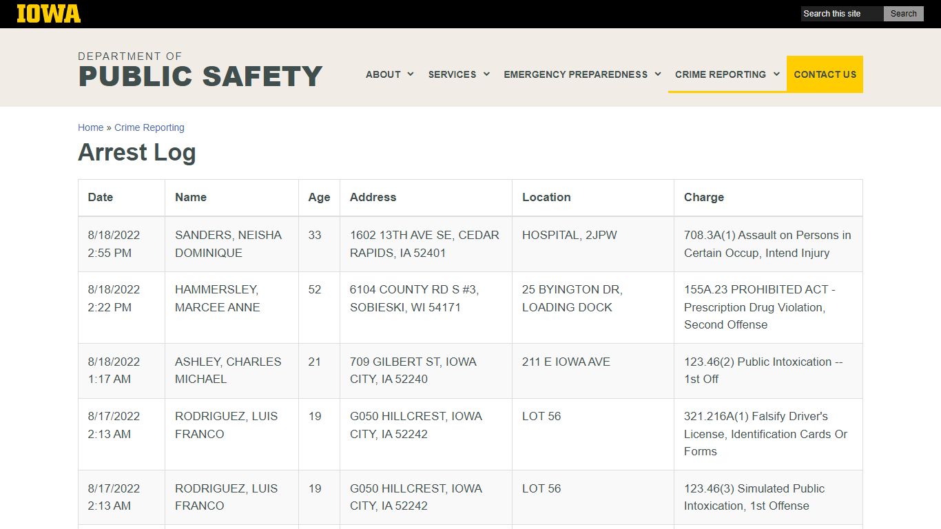 Arrest Log | Department of Public Safety | The University of Iowa